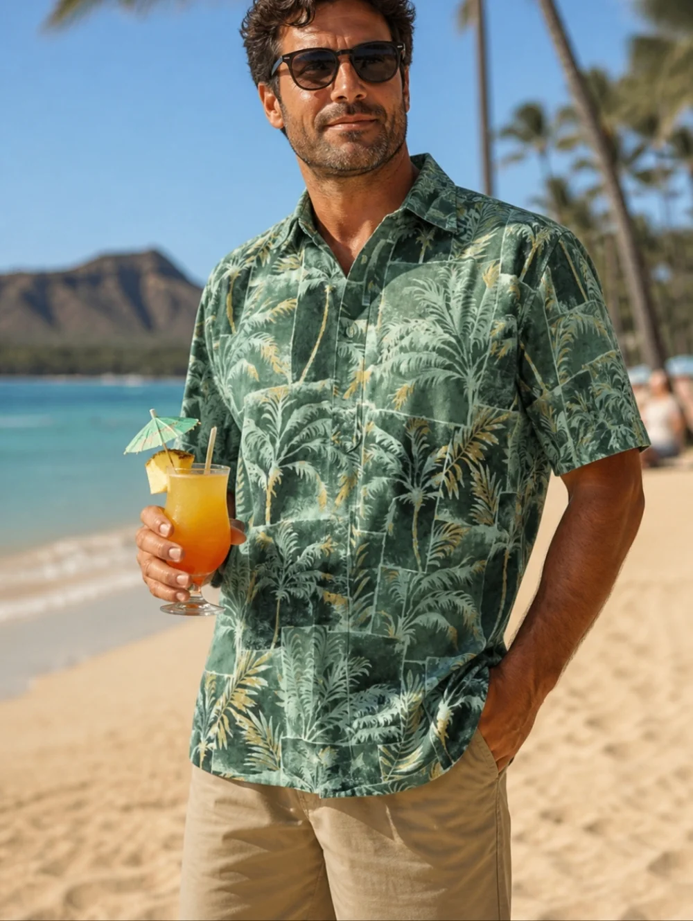 Go Barefoot Hawaiian luau Shirt Green Palm Trees Made in the USA Quality Sx XL